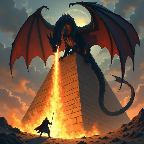 Black Dragon Breathing Fire From an Egyptian Obelisk