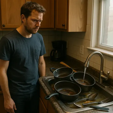 Man Stands Gazing at a Sink Filled with Greasy Cookware