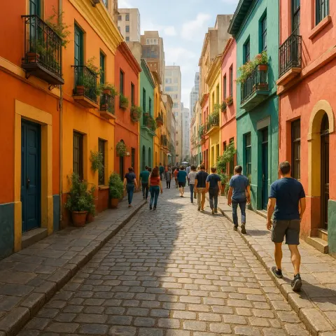 Lively City Alley with Cobblestone Pavement