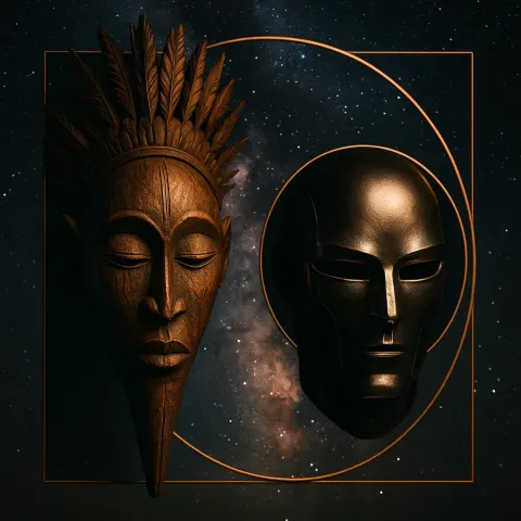 Two Masks—one a Carved Wooden Relic