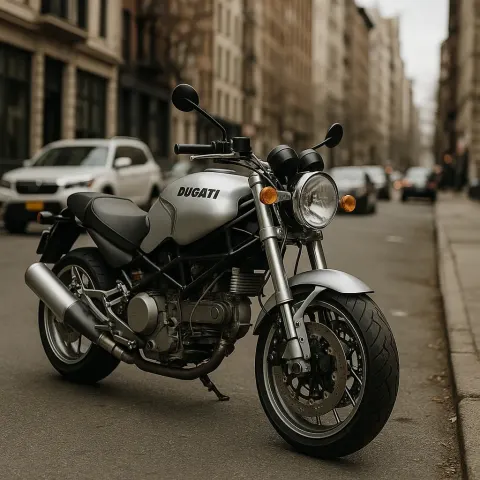 Silver Ducati Motorcycle Parked on a City Street with Cars