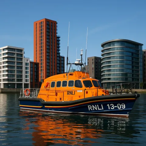 Orange RNLI Lifeboat Floats on Calm Water