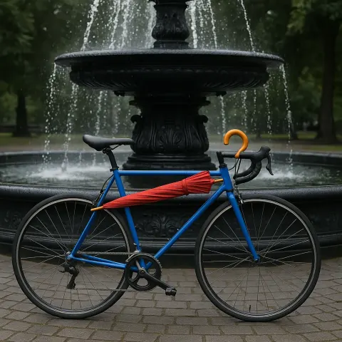 Blue Bicycle Frame with an Orange-handled Red Umbrella Strapped