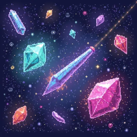 Pixelated Galaxy of Glowing Gems and Crystals