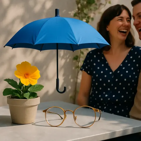 Striking Blue Umbrella Hovers Above a Pair of Stylish Glasses