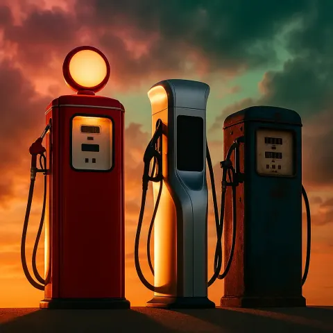 Trio of Disparate Gas Pumps—a Classic 1950s Design in Vibrant