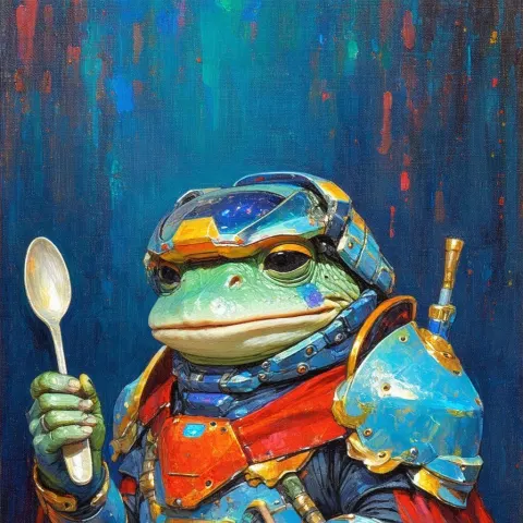 Gouache Pepe in Futuristic Armor With Spoon