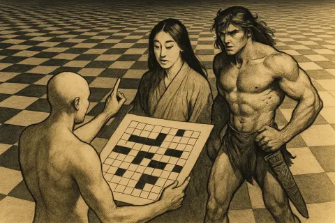 Beige-skinned Figure with Raised Arm Explains an Ink-marked Crossword
