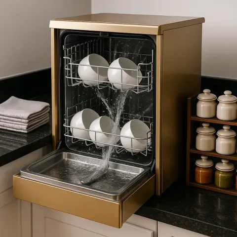 Stylish Dishwasher with a Radiant Metallic Gold Finish Stands
