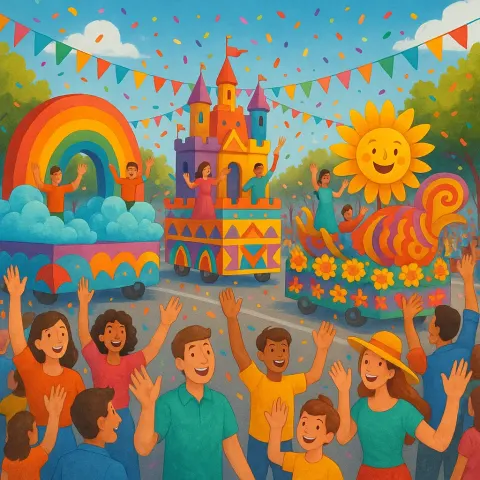 Lively Procession Featuring Vibrant Floats and Joyful Individuals Enthusiastically
