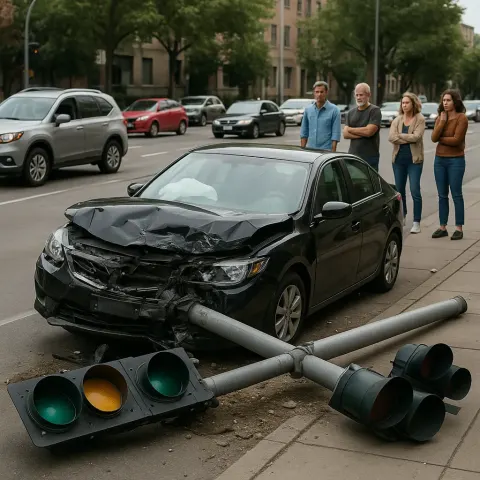 Car Accident on a Street with a Damaged Traffic
