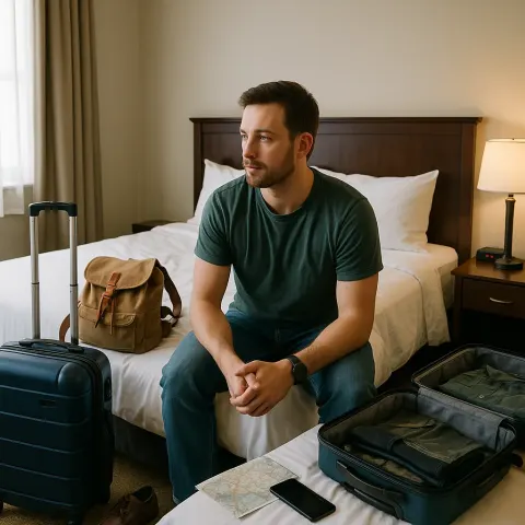 Person Sits on a Bed in a Hotel Room