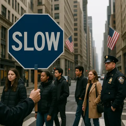 Person Holds a Blue "SLOW" Sign While Pedestrians