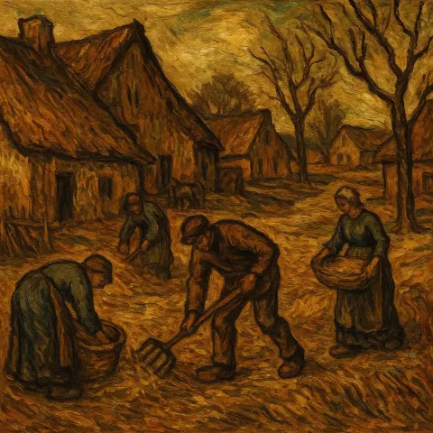Depict a Rural Village Setting with Laboring Peasants