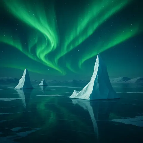 Few Slender Icebergs Drift Majestically Across a Vast