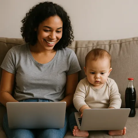 Mother and Baby Sitting on a Couch