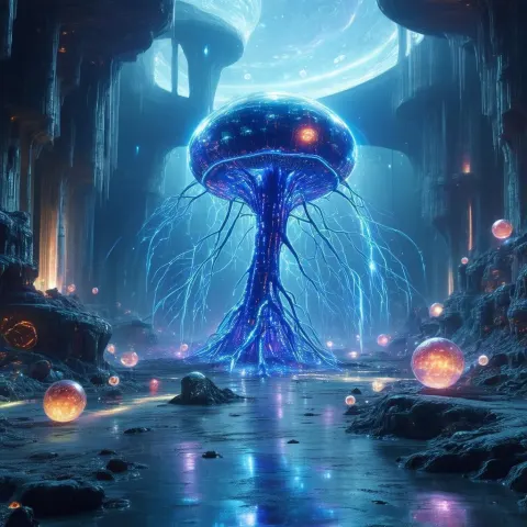 Immortal Neuron Floating in an Alien Sci Fi Room