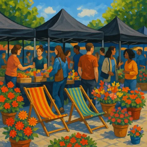 Lively Outdoor Market Scene with Black Tents