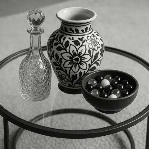 Glass-top Round Table Displaying a Decorated Vase