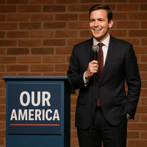 Man in a Suit Stands on Stage Holding a Microphone