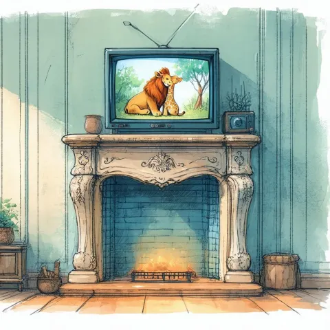 Hand Drawn Fireplace With a Lion Hugging Giraffe
