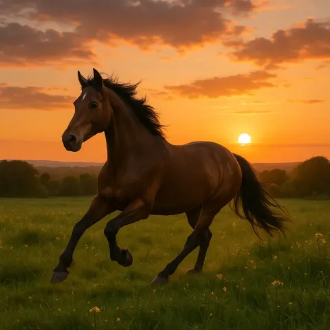 Horse Running Swiftly Through a Peaceful Meadow During a Picturesque