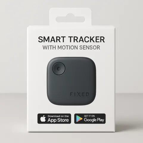 White Packaging Box Displaying a Compact Square-shaped Smart Tracker