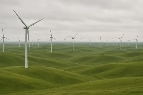 Numerous Distant Wind Turbines Slowly Rotate in Unison