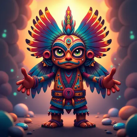 Symmetrical Hopi Kachina in Colorful Anime Bokeh