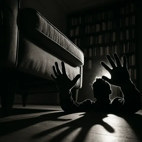 Man’s Dramatically Gesturing Hands Cast Stark Upward Shadows