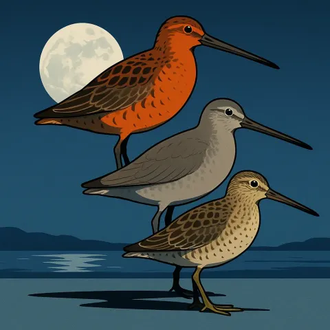 Three Distinct Dowitchers—one in Breeding Plumage Showcasing Rufous-washed Underparts