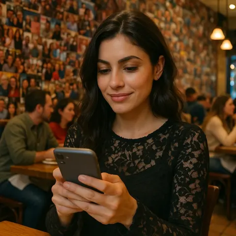 Woman Wearing a Black Lace Top Is Holding a Phone
