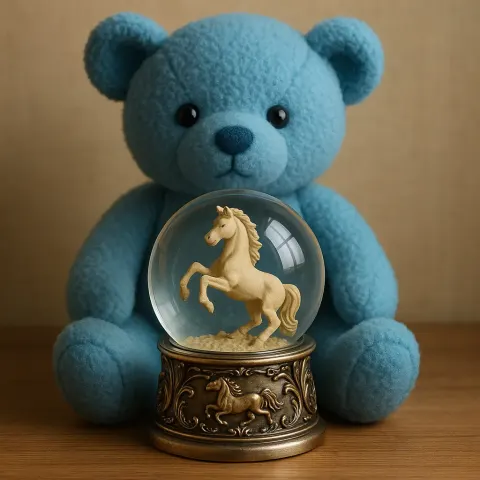 Blue Teddy Bear Sits Behind a Decorative Glass Globe