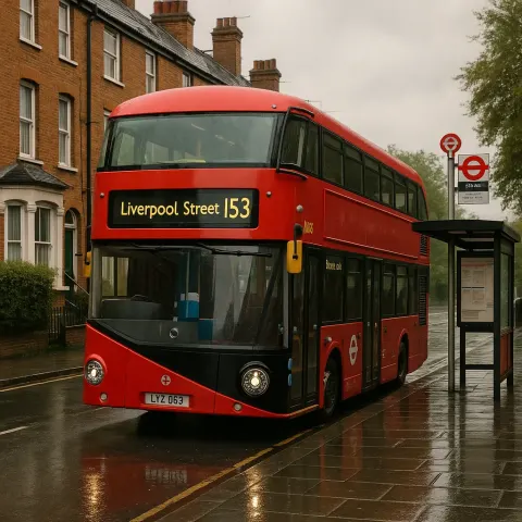 Red London Bus Labeled "153 Liverpool Street"
