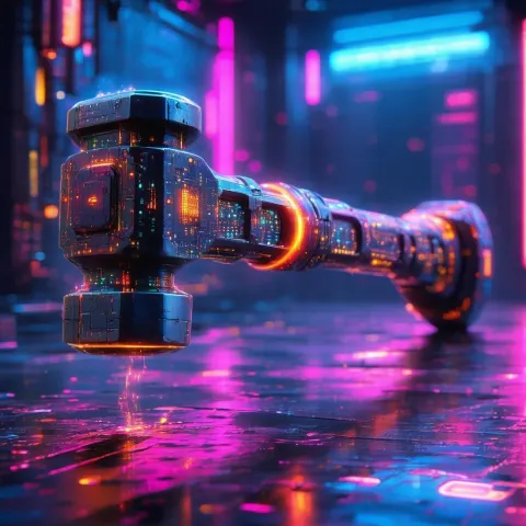Futuristic Digital Hammer With Glowing Neon Circuits