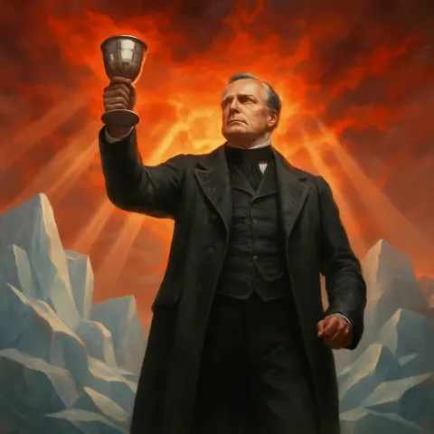 Commanding Middle-aged Political Leader in Richly Textured Victorian Attire Stands