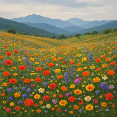 Multitude of Vibrant Wildflowers Blankets an Undulating Meadow