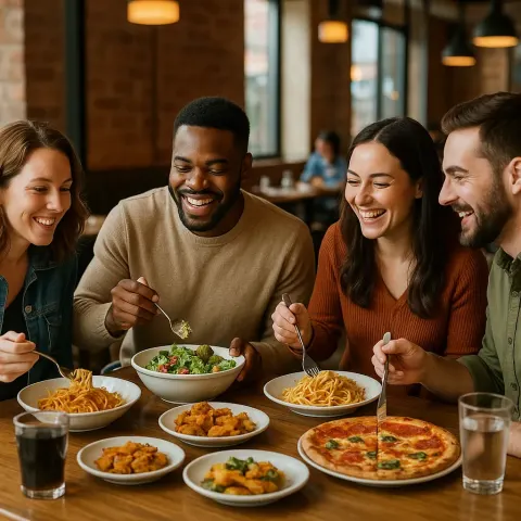 Group of People Sitting at a Table Enjoying a Variety