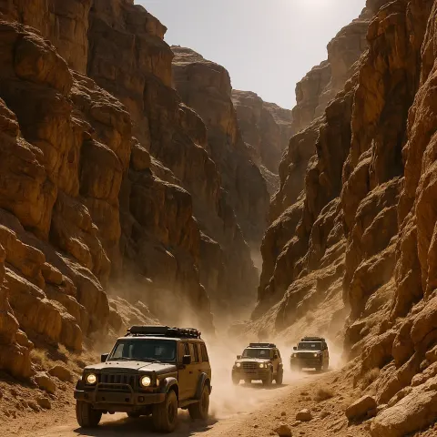 Small Convoy of Rugged Off-road Vehicles Kicks Up Dust Plumes