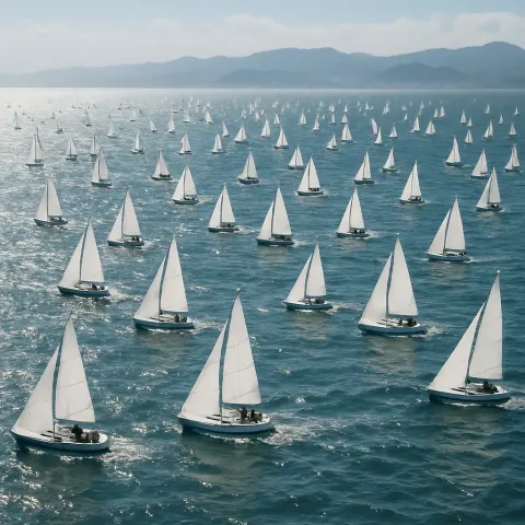 Sprawling Flotilla of Numerous Small Sailboats Races Across a Vast