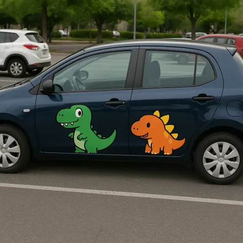Dark Blue Compact Car with Cartoon Dinosaur Decals