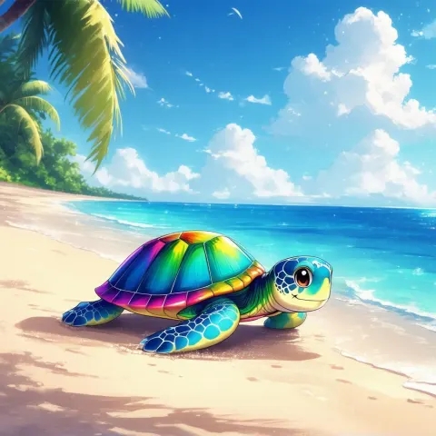 Rainbow Shelled Anime Turtle on a Tropical Beach