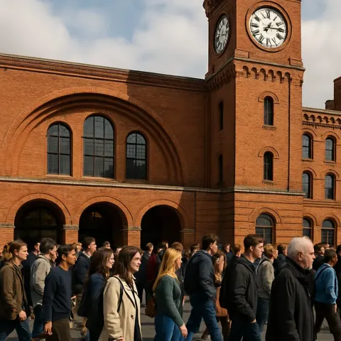 Group of People Moving by a Brick Structure