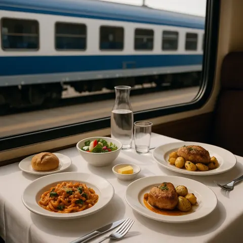 Dining Table Filled with Food Dishes Placed Beside a Train