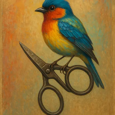 Vibrantly Hued Bird Resting Atop an Antique Pair of Scissors
