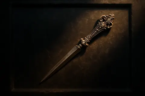 Ornate Letter Opener Lies Sharply Focused on a Shadowy Altar