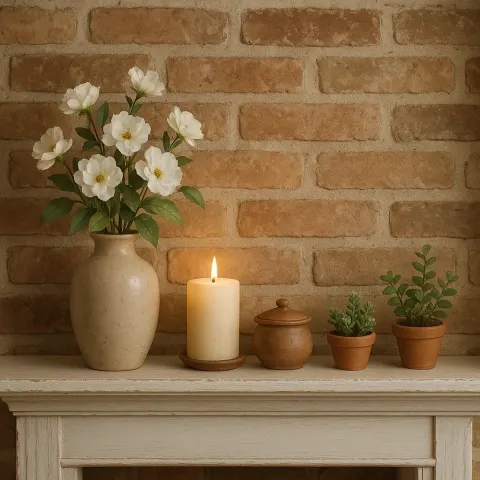 Cozy Mantel Shelf Decorated with a Vase of White Flowers