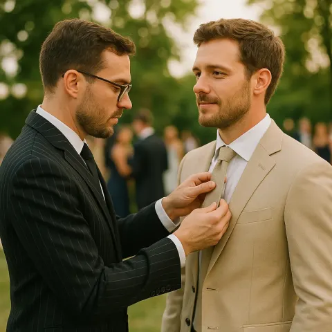 Man in a Black Pinstripe Suit Adjusts the Tie
