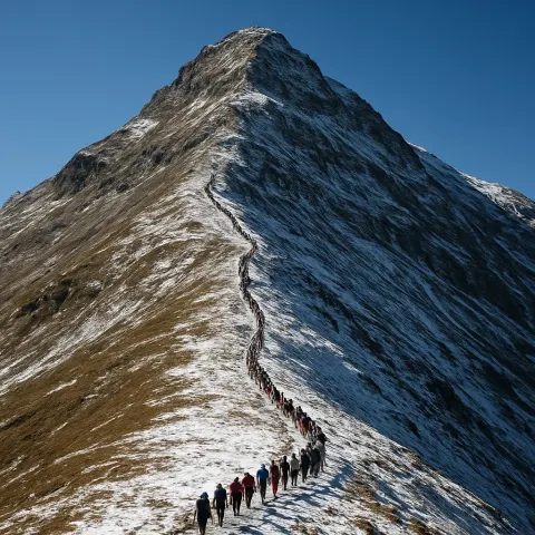 Thin Line of Numerous Trekkers Snakes its Way