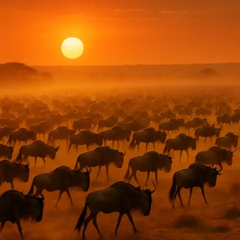 Massive Herd of Wildebeest Stretches Across a Dusty African Savanna
